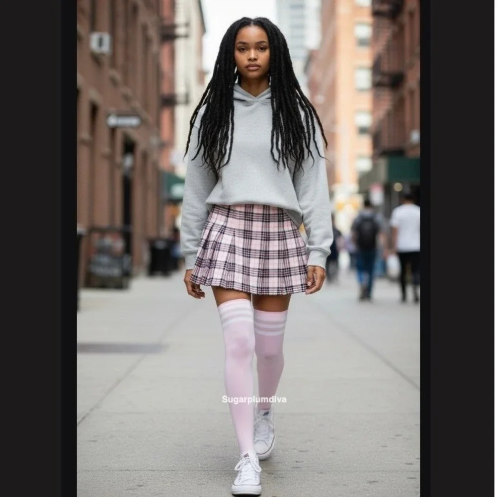 Pink with 3 White Stripes Over the Knee Tall Socks ONE SIZE School Girl NEW